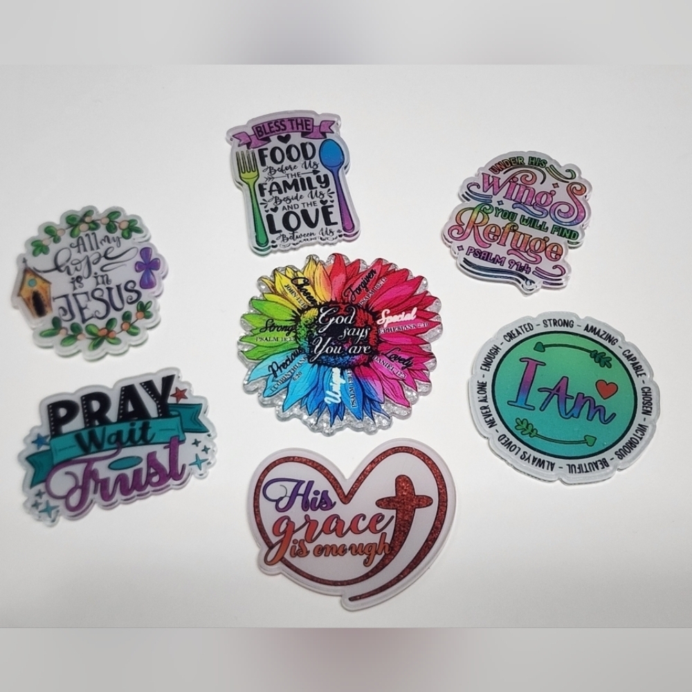 Acrylic Flatback‎ Religous Christian God Says Badge Clip Keychain Crafts 7 Pc